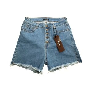Ling Denim Shorts Womens 15 Blue High Waisted Button Fly Raw Hem S002-M Stretch